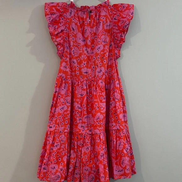 Girls' Bright Pink Floral Tiered Midi Dress with Ruffle Sleeves - Picture 3 of 3
